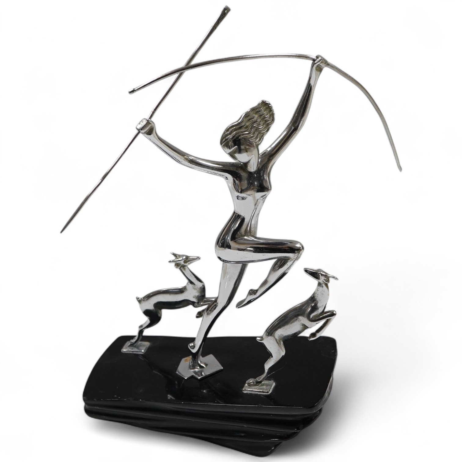A Chromed bronze group of huntress in Hagenauer style, 30cm high